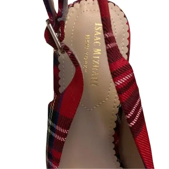 Isaac Mizrahi Red Green Plaid Slingback Pointed Toe Heels Size 8.5 Pumps Preppy - Picture 3 of 9